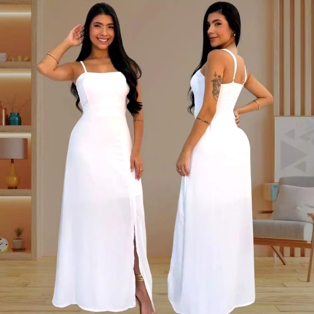 Vestido Midi Longo em Tecido Duna com Fenda Lateral